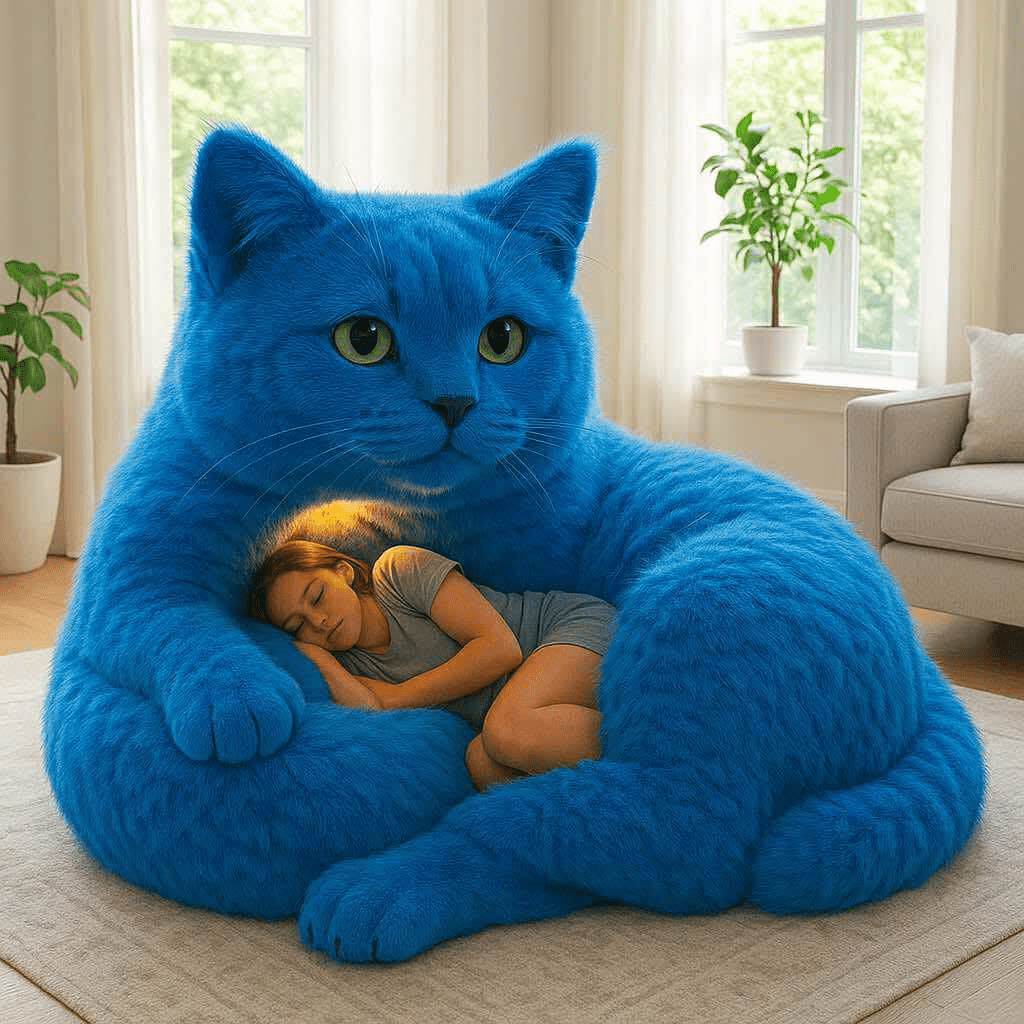 Vibrant blue cat-shaped sofa featuring a woman asleep inside, creating a playful focal point in the room.