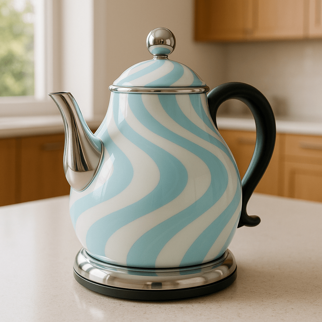 Electric kettle featuring a blue and white swirl design, ideal for a modern minimalist kitchen.