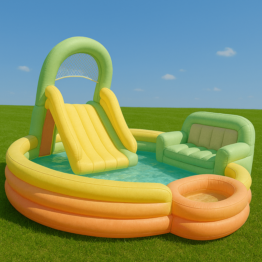  Inflatable pool sofa in pastel colours with water slide and integrated armchair in a green field