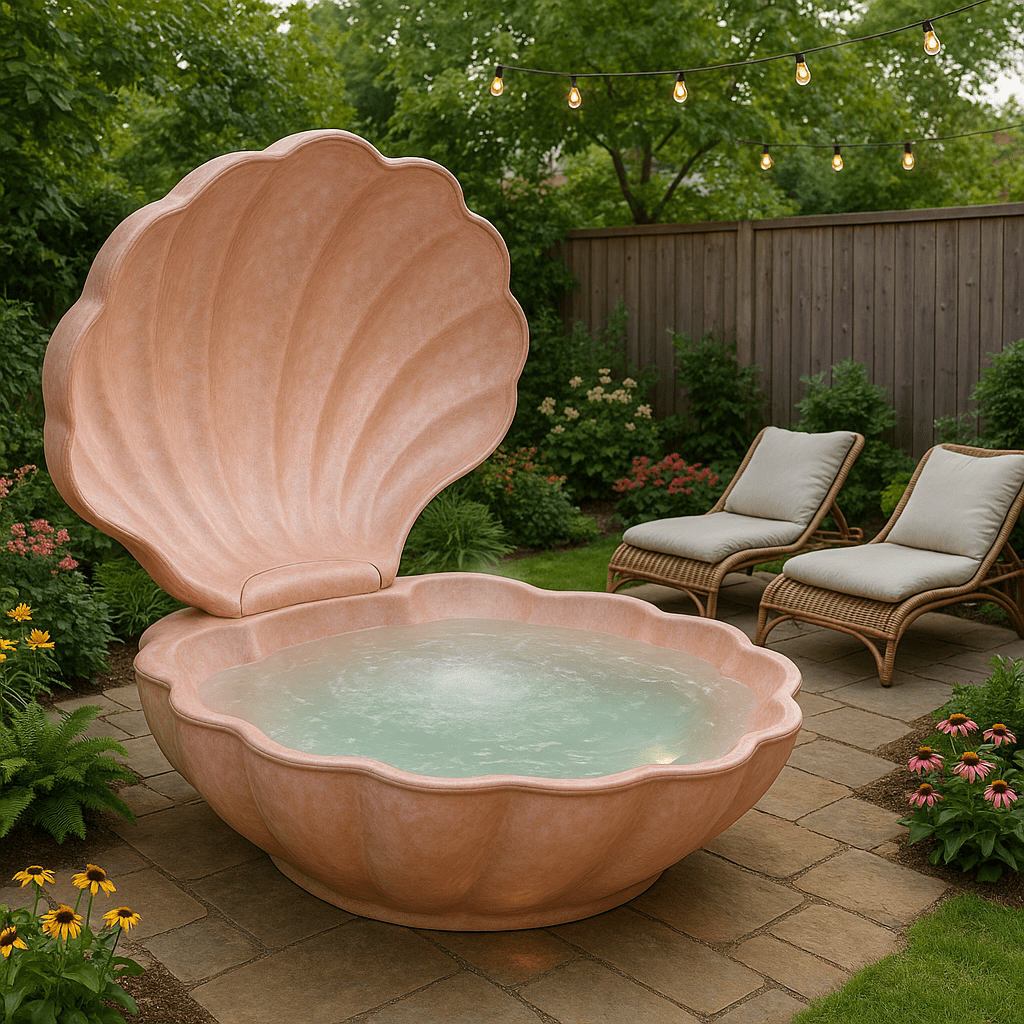 Blush pink seashell hot tub placed on a stone patio with loungers and vibrant garden plants.
