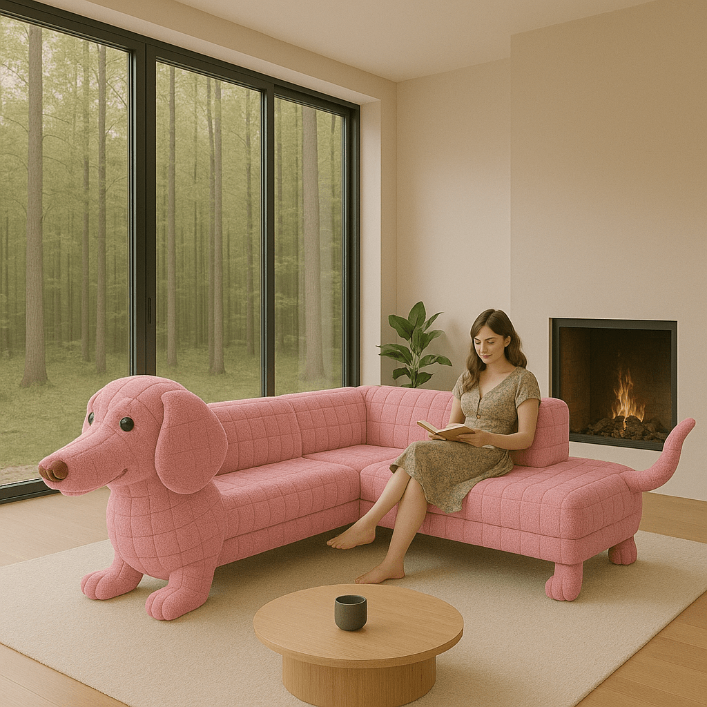 Pink dog-shaped sofa with woman reading in light-filled room with large windows