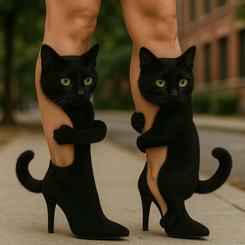 Black cat-themed high heels with hugging design worn on a quiet city street