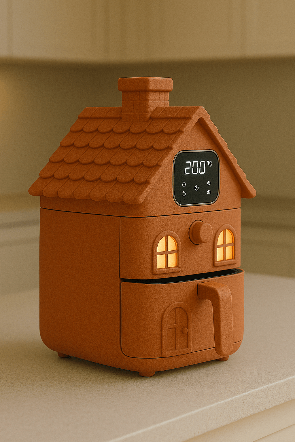 A burnt terracotta orange air fryer in the shape of a house, featuring glowing windows and a temperature control screen.