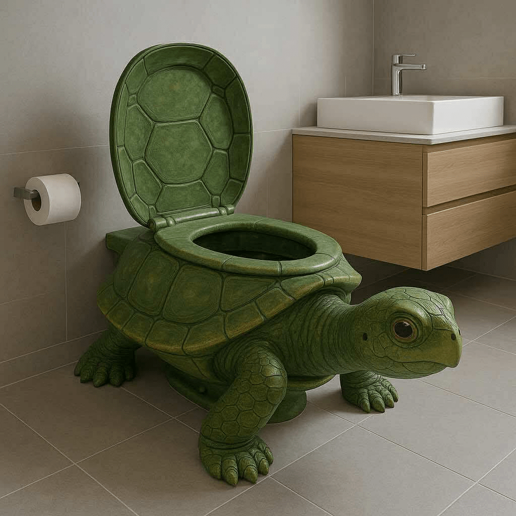 A green toilet designed to look like a realistic turtle, including a shell-patterned seat and detailed legs.