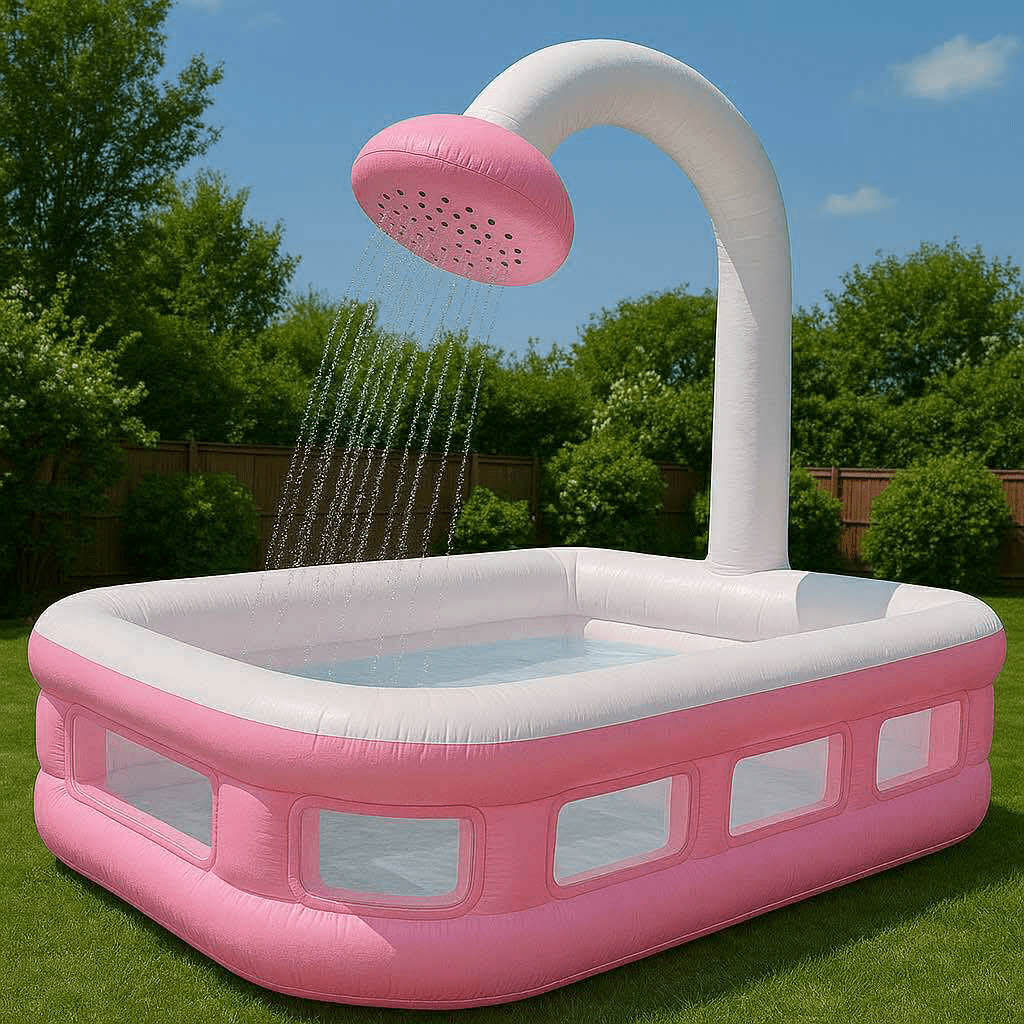 Pastel pink inflatable pool with novelty shower arch spraying water