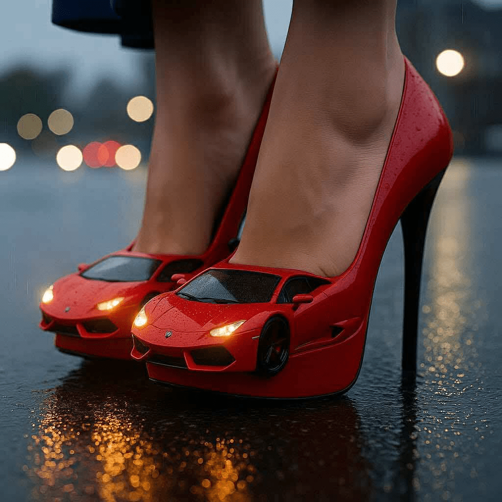 Striking red stiletto heels designed like luxury sports cars with headlights on
