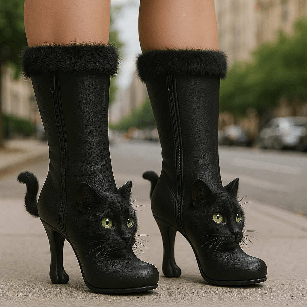 Black high heel boots featuring realistic cat faces worn in urban setting
