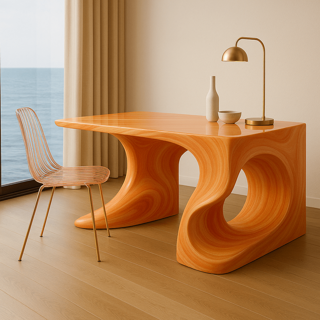  Burnt orange swirl-shaped desk in modern room with bright ocean light and minimalist styling