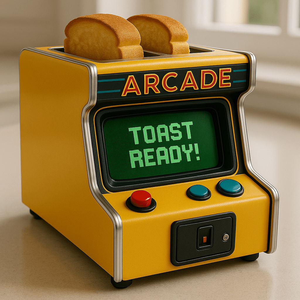 Bold yellow arcade novelty toaster with toast inside and classic arcade design.
