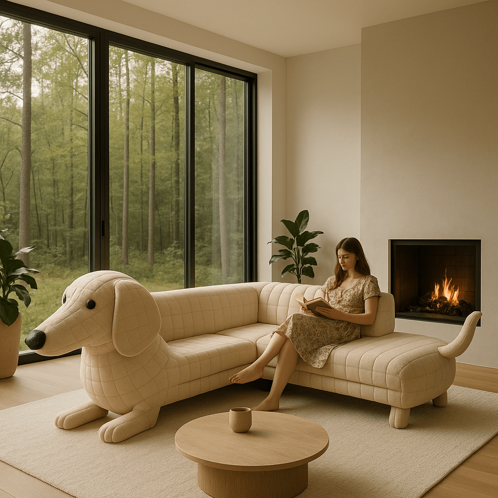 Woman reading on cream dog-shaped sofa with forest view and fireplace in background