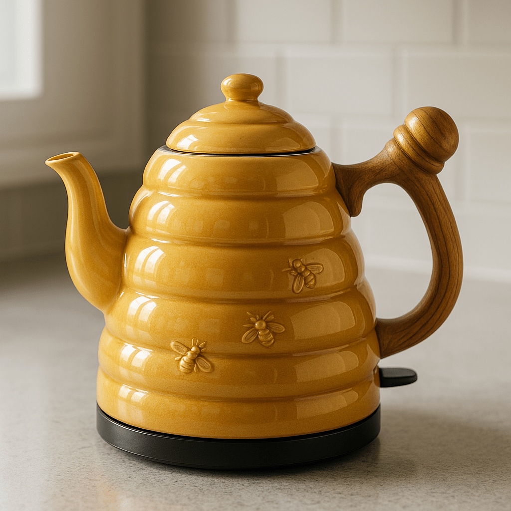 A vibrant yellow novelty electric kettle shaped like a beehive, complete with embossed bees and a rustic wood-look handle.