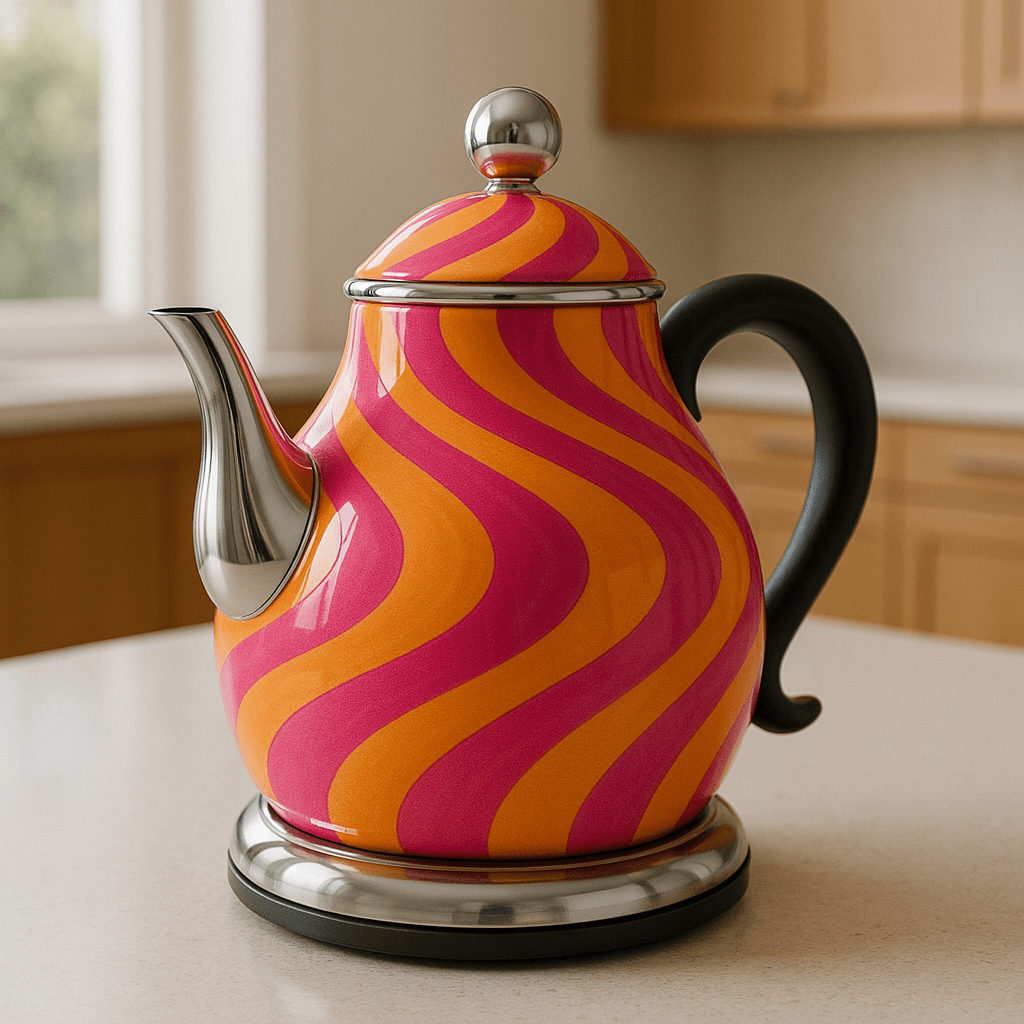 Vibrant electric kettle in orange and pink psychedelic swirl design with chrome accents