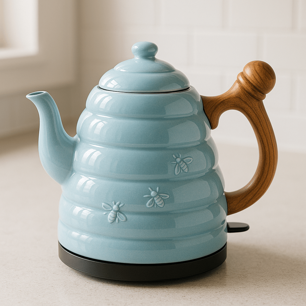 A pastel blue novelty beehive electric kettle with delicate bee embossing and a stylish wooden-look handle.