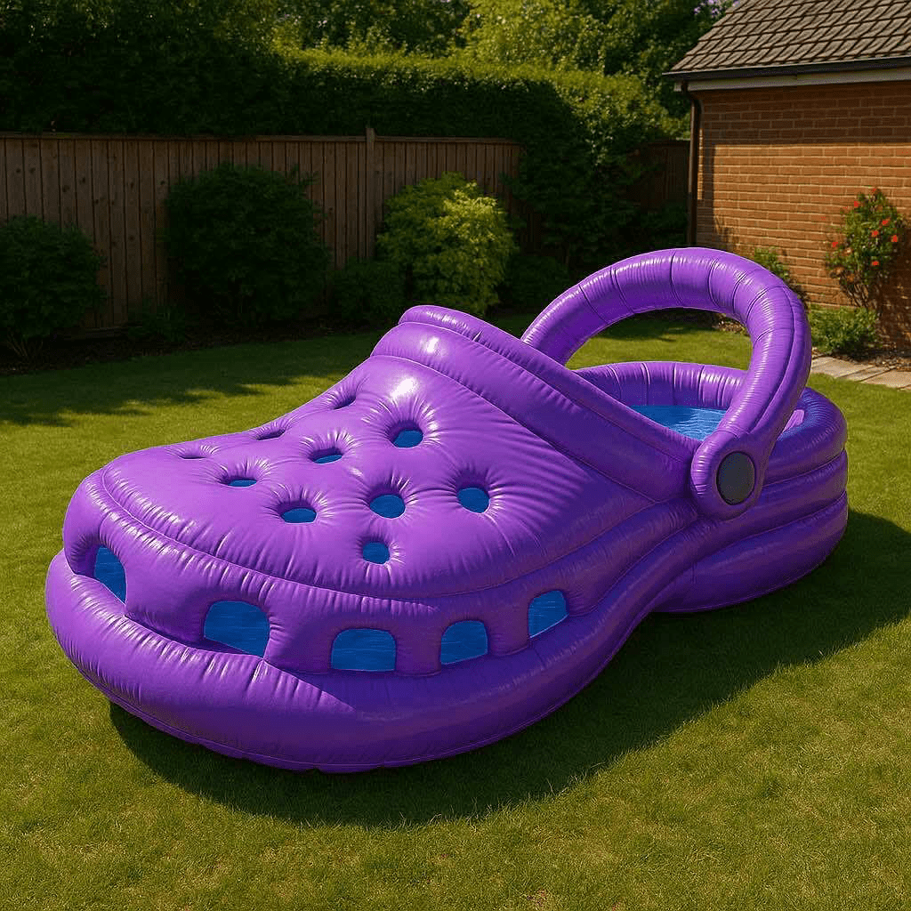 Vibrant purple inflatable Croc-shaped paddling pool in a backyard setting