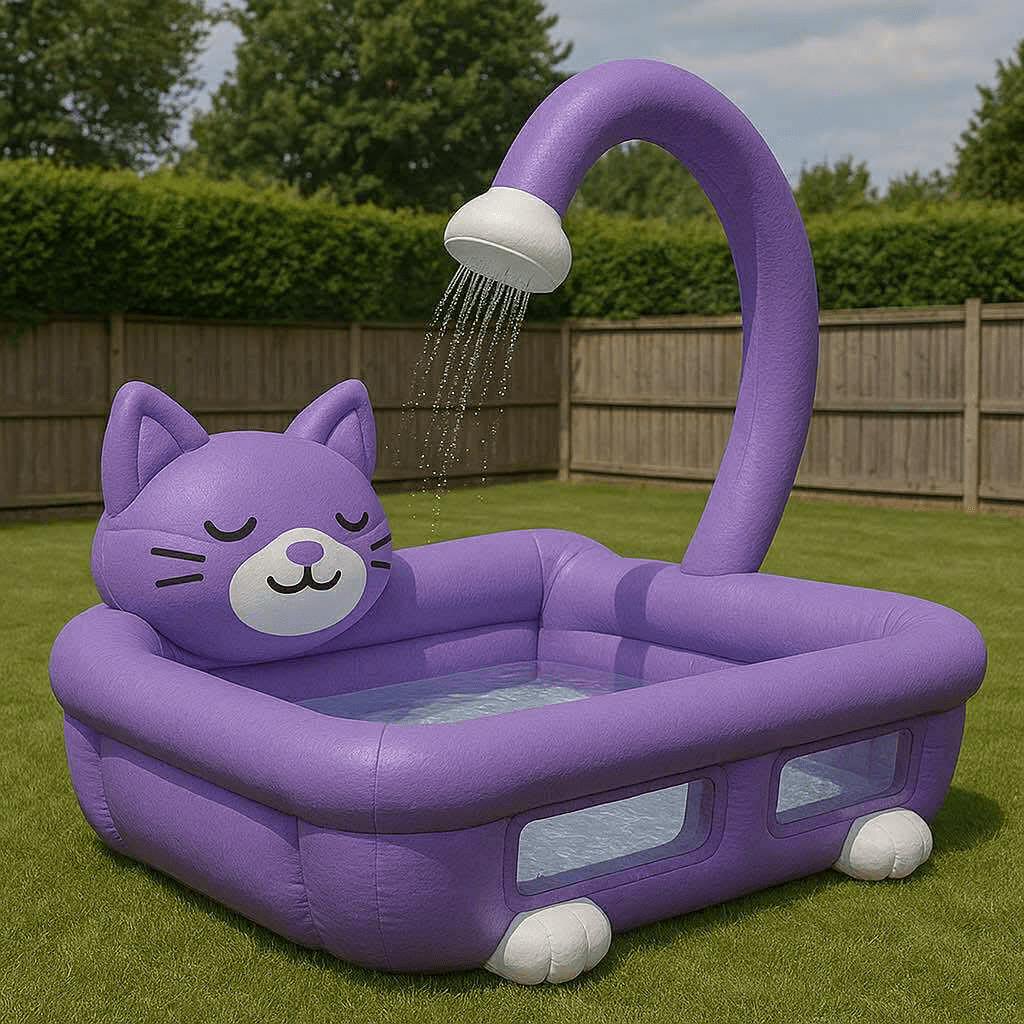 Purple inflatable cat pool with gentle shower stream, sitting in a sunny fenced garden.
