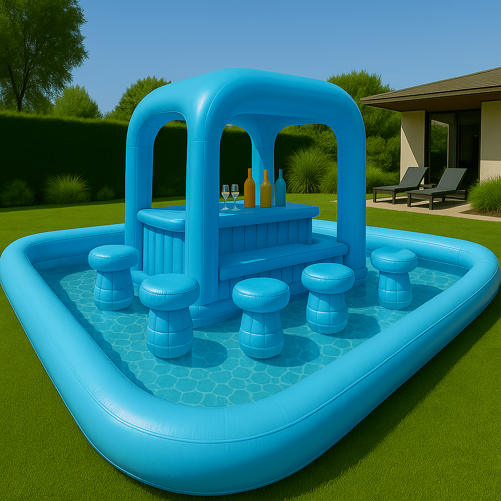 Blue inflatable pool bar with floating stools in a garden pool under clear blue skies.