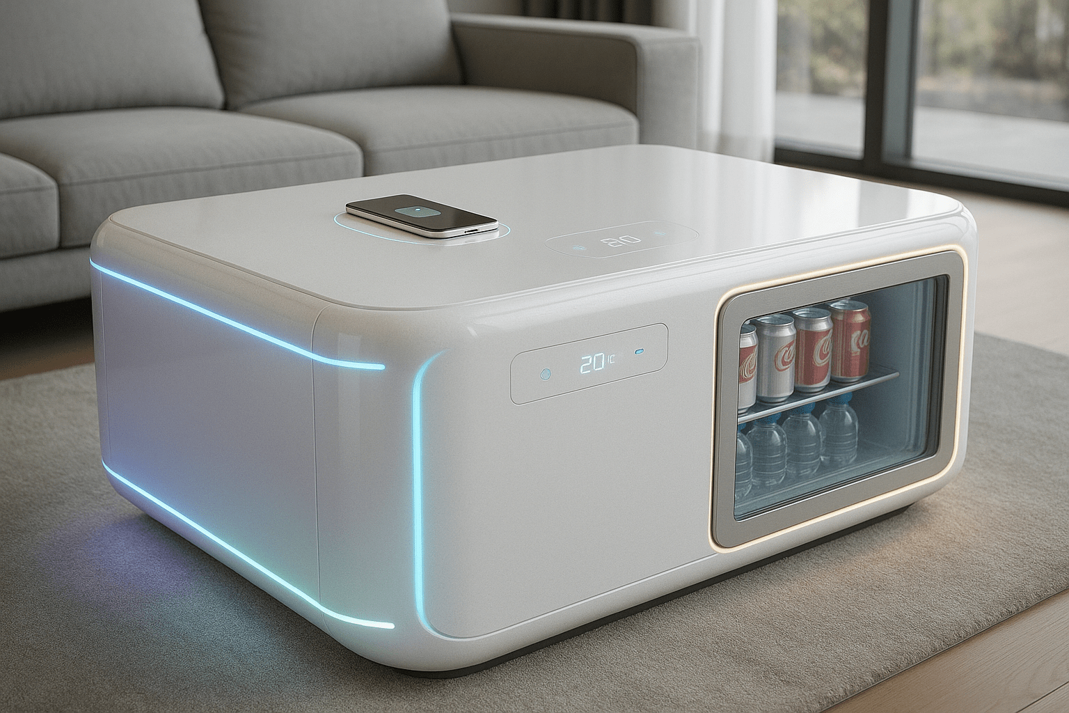  Futuristic white coffee table with built-in cooler, wireless phone charging and blue ambient LED lights