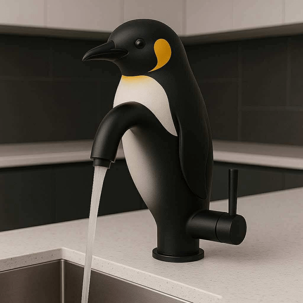 Black and white penguin-shaped kitchen tap with water flowing from its flipper