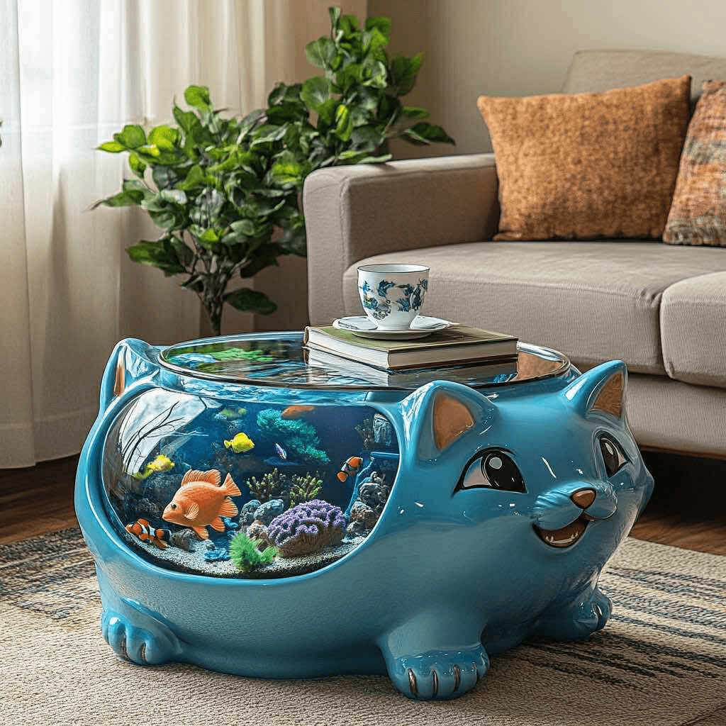 Smiling blue cat coffee table with integrated fish tank featuring clownfish and coral