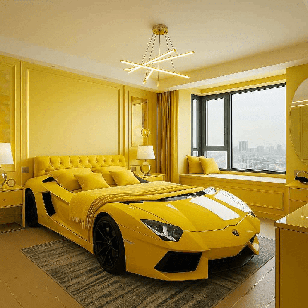 ibrant yellow car-shaped bed in a modern bedroom with matching yellow decor