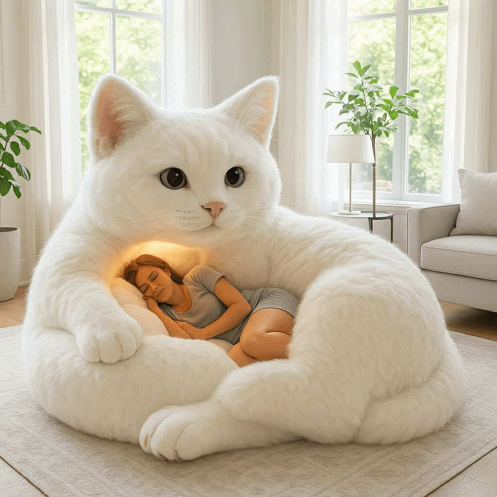 Cosy white cat-shaped sofa cradling a sleeping woman, with soft ambient lighting in a bright home.