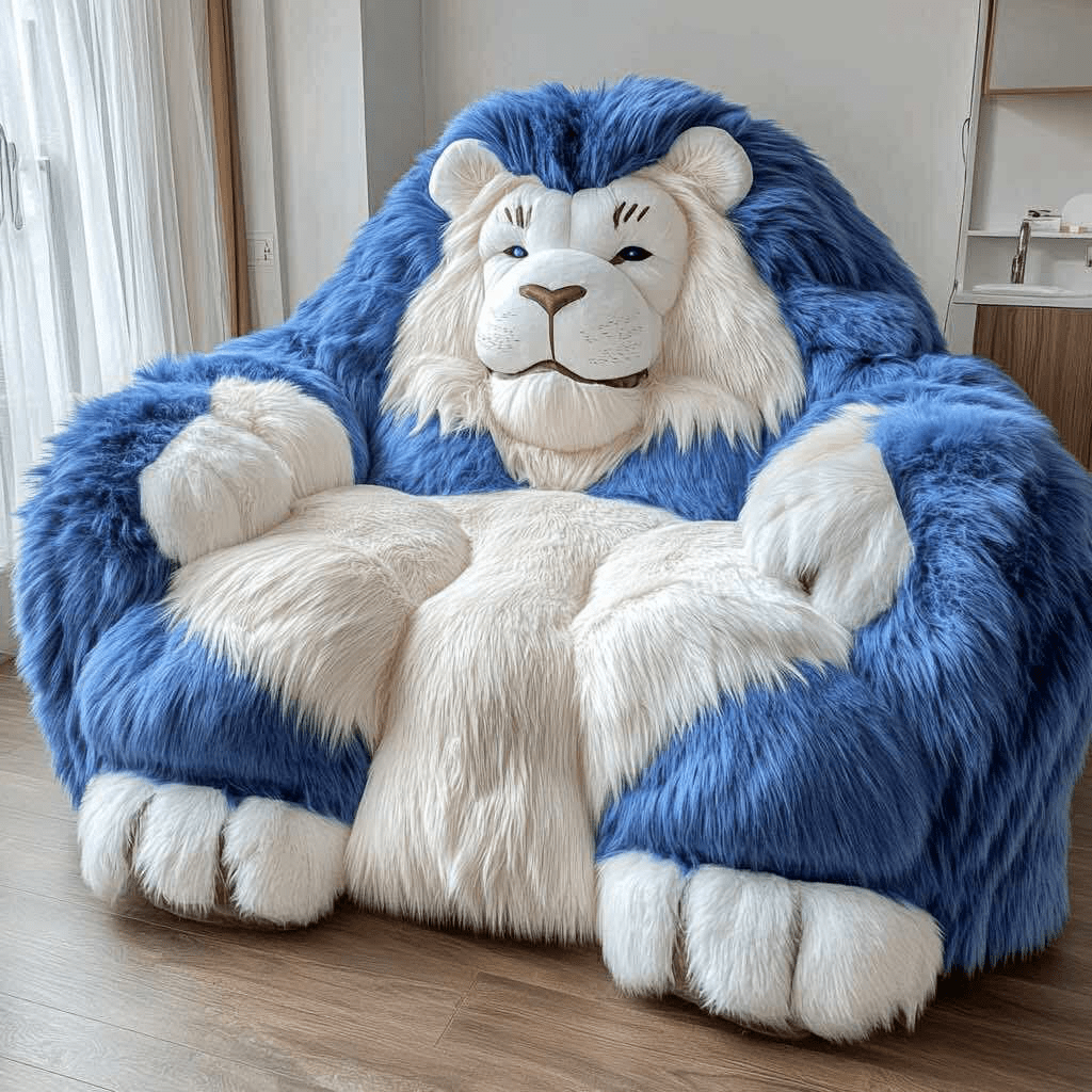  Blue and white lion-shaped armchair with a serious expression in a wooden floor room