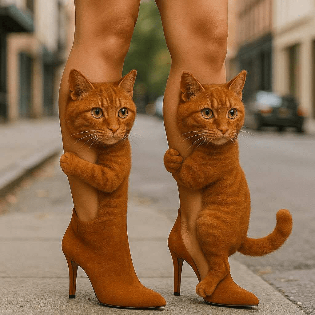 A pair of high heels designed to look like ginger cats hugging legs on a city pavement