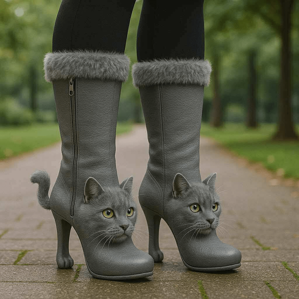 Grey high heel boots designed to resemble cat faces and tails with fur trim