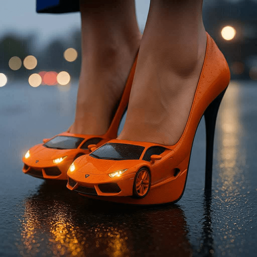 Bold orange car-shaped high heels with glowing headlights on a rainy evening