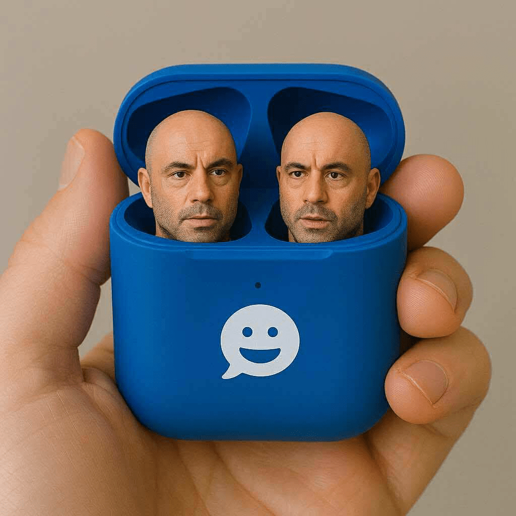 Blue earbud case with two Joe Rogan heads and a speech bubble emoji on the front.