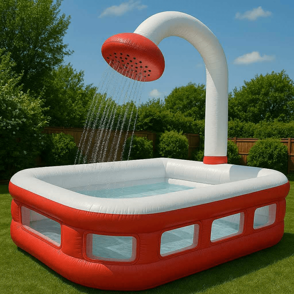 Bright red inflatable paddling pool with overhead shower feature in a sunny garden