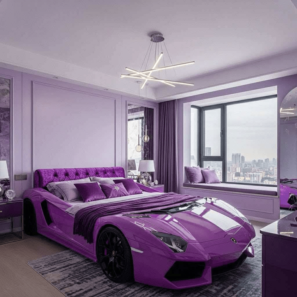 Bedroom with a purple sports car-shaped bed and matching curtains, pillows and lighting