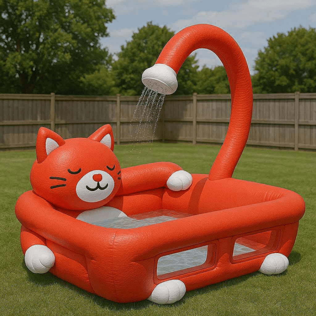 Bright red inflatable paddling pool shaped like a cat with an overhead shower tail feature in a garden.
