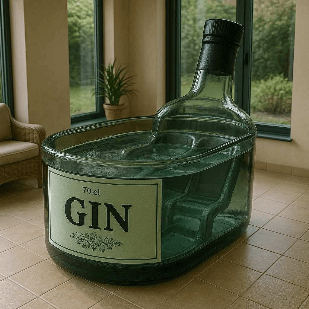 A clear green hot tub modelled after a gin bottle, with built-in steps and elegant detailing.