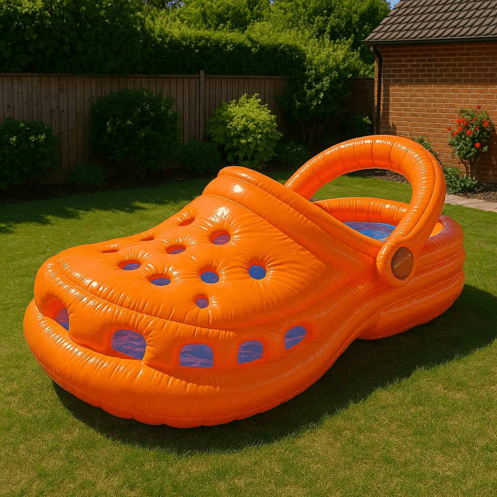 Inflatable orange Croc-shaped paddling pool in a garden on green grass