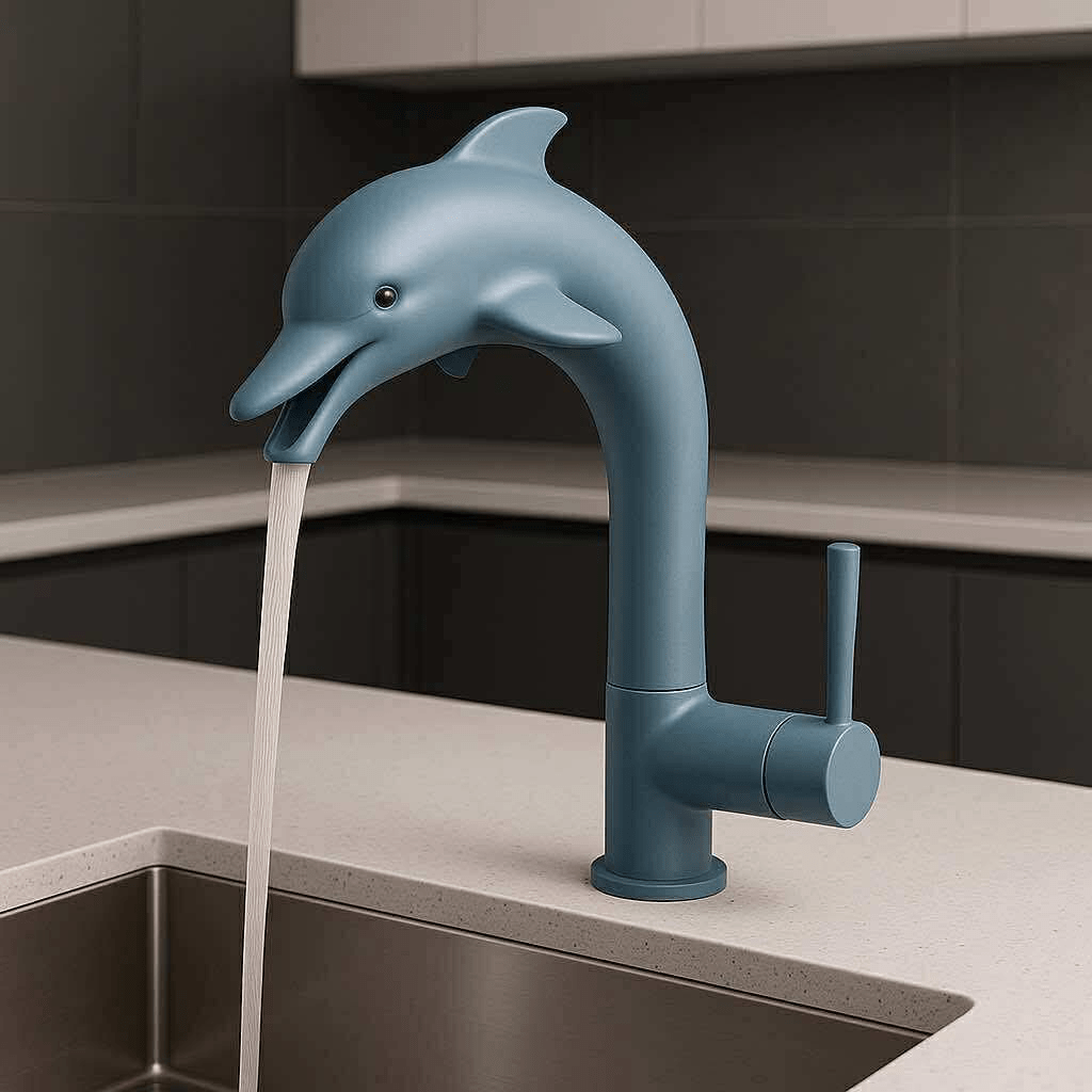 Sleek blue dolphin-shaped kitchen tap with water streaming from its mouth