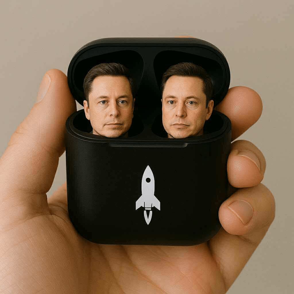  Black earbud case with two Elon Musk heads and a white rocket logo.