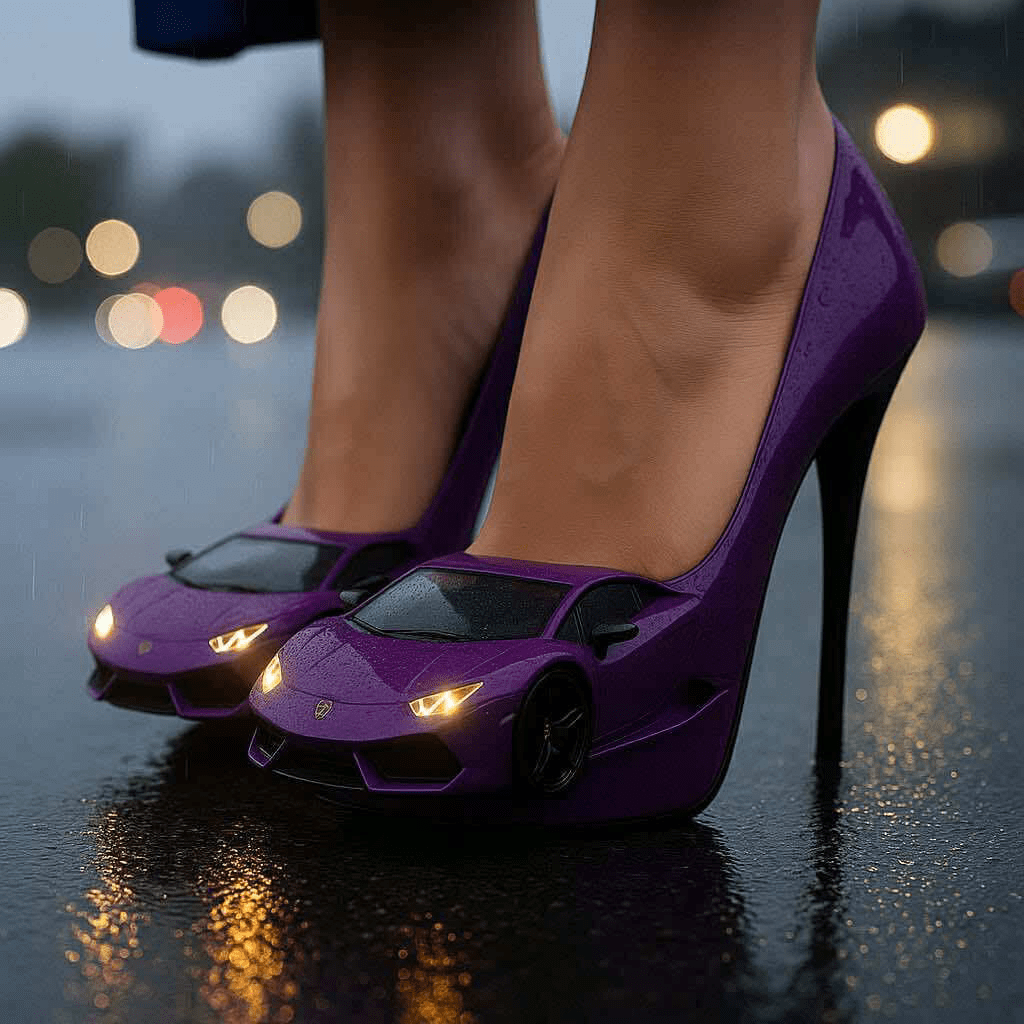 Stylish purple supercar-inspired high heels with headlights on wet pavement at night