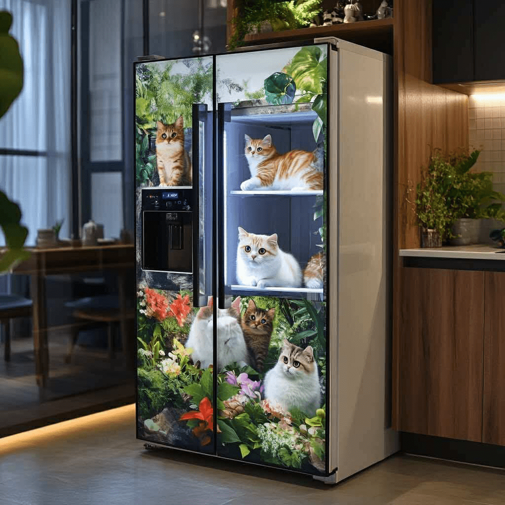 Fridge covered in images of cats sitting among vibrant jungle plants and flowers