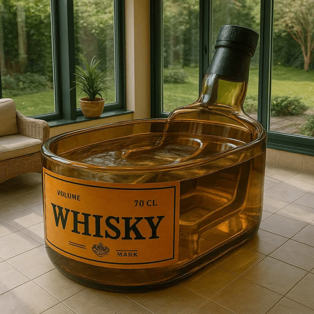 Amber-coloured hot tub shaped like a whisky bottle, ideal for stylish indoor spa spaces.