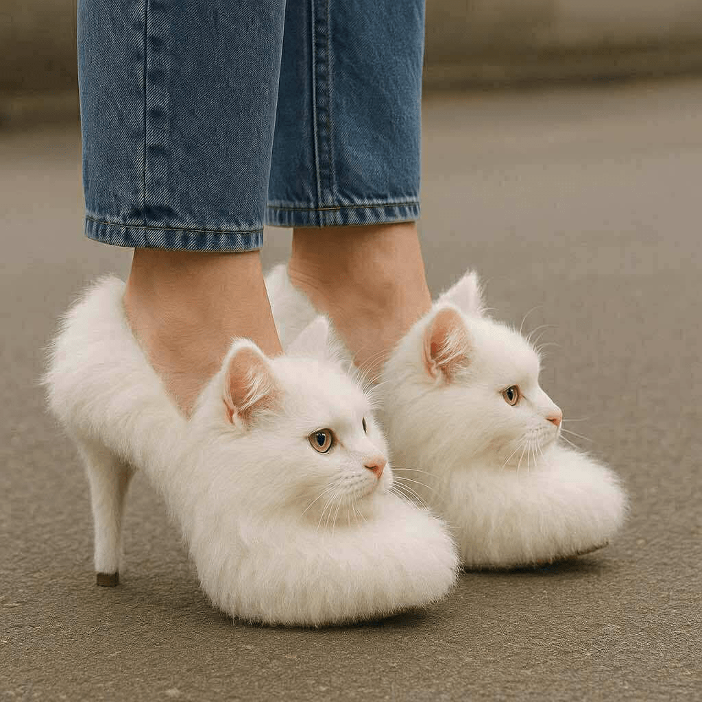 Stylish high heel shoes shaped like fluffy white cats, complete with pointed ears and expressive yellow eyes.