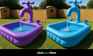 A collage of four vibrant tap-themed inflatable paddling pools in a sunny garden setting