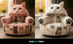 Four oversized cat-shaped armchairs in pastel pink, black, white, and yellow by a window