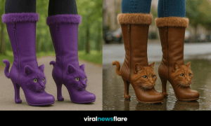 cat-inspired high heel boots with faux fur trim worn outdoors