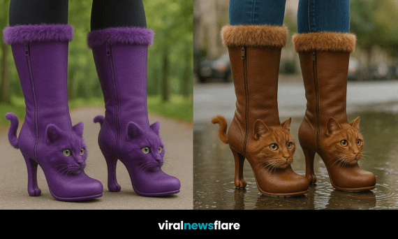 cat-inspired high heel boots with faux fur trim worn outdoors