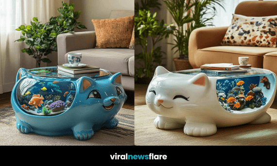 Collection of colourful cat-shaped coffee tables with aquariums inside, surrounded by stylish living room décor