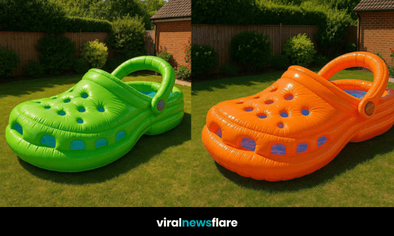 Brightly coloured Croc-shaped inflatable paddling pools on grass in a sunny garden setting