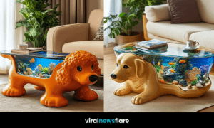 Dog-shaped coffee table with built-in aquarium in modern living room with cosy furnishings