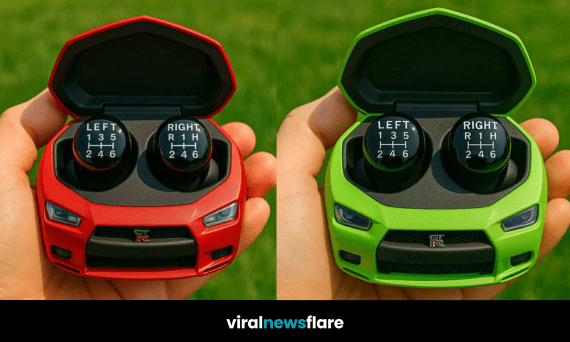 Close-up of green GT-R style wireless earbuds with gear shift knob design in charging case