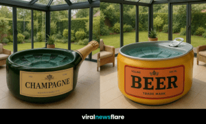 A set of drink-inspired hot tubs including Champagne, beer, gin, and whisky designs in sunroom settings.